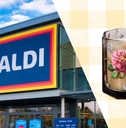 Aldi storefront and floral glass scented candle
