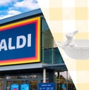Aldi storefront with Easter candy bowl