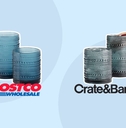 Similar set of blue cups side by side from Costco and Crate &amp; Barrel