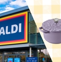 Aldi storefront with purple Dutch oven