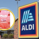 Aldi store sign with mochi collage