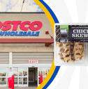 Collage of Costco store and chicken skewer product