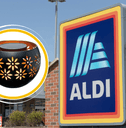 Collage of Aldi storefront and a candle product