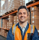 Man in his 40s smiling at camera working in a warehouse