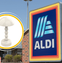 Collage of Aldi storefront and a white cordless lamp