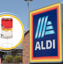 Aldi collage of storefront and a beverage dispenser product