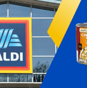 Collage of ALDI storefront and chicken noodle soup