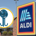Collage of Aldi's storefront and a portable fan product