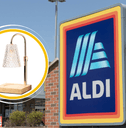 Collage of Aldi's storefront and a candle warmer lamp product