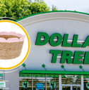 Collage of Dollar Tree storefront and a scalloped rush basket product