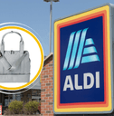 Collage of Aldi's storefront and a weekender bag product