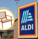 Collage of Aldi's storefront and a patio wood chair product