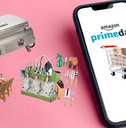 Collage of Amazon PrimeDay screen on the phone and Amazon outdoor products