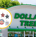 Collage of Dollar Tree storefront and a Fourth of July decor sign product