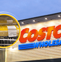 Collage of Costco's storefront and a cake product