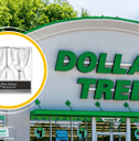 Collage of Dollar Tree storefront and a pack of wine glasses product