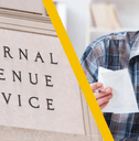 irs sign and man filing taxes