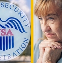 Social Security Administration logo and worried senior woman