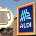 collage of Aldi storefront and an electric kettle product
