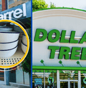 Collage of Crate &amp; Barrel and Dollar Tree storefronts and a stack of ceramic bowls product