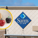Collage of Sams Club storefront and a kitchen fruit ceramic product