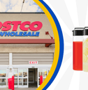 Collage of Costco storefront and a beverage pitcher product