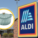 Collage of Aldi storefront and a Dutch oven product