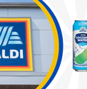 Collage of Aldi storefront and a coconut water product