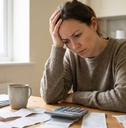 Woman with brown hair sitting at a wooden table, looking stressed while reviewing bills