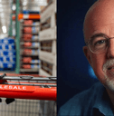 Collage of Costco cart in warehouse and Dave Ramsey generated image