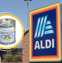 Collage of Aldi's storefront and a vintage tin candle product