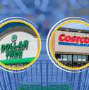 Collage of Dollar Tree and Costco storefront and shopping cart in the back