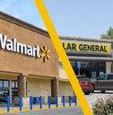 Collage of Walmart and Dollar General storefronts