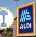 Collage of Aldi storefront and a blue cordless lamp product
