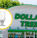 Collage of Dollar Tree storefront and a glass mug product