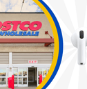 Collage of Costco storefront and a Apple Airpods