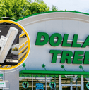Collage of Dollar Tree storefront and a lighting product