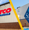 Collage of Costco and Sam's Club logo and storefront