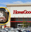 Collage of HomeGoods storefront and a royal cat painting item