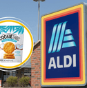 Collage of Aldi storefront and a coconut cookie product