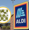 Collage of Aldi's storefront and a checkers green and white towel product