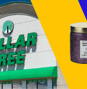 Collage of Dollar Tree storefront and a purple candle product