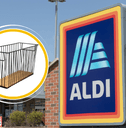 Collage of Aldi's storefront and a wire basket product
