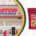 Collage of Costco's storefront and a large bag of Kirkland cashews 