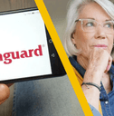 vanguard on mobile phone and senior woman working
