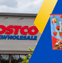 Collage of Costco's storefront and a strawberry frozen treat product