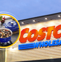 Collage of Costco storefront and a stew pot product cooking on the stove