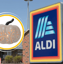 Collage of ALDI storefront and a LED ceramic pumpkin lamp product