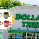 Collage of Dollar Tree storefront and a set of coffee mugs for fall