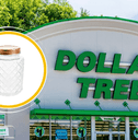 Collage of Dollar Tree storefront and a glass jar product